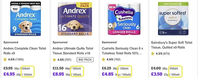 Online supermarket showing several brands of toilet paper with the price displayed alongside a breakdown showing the price (in pence) per hundred sheets (of toilet paper), but "sheet" is abbreviated to "sht" which looks like... a different word I associate with the product.
