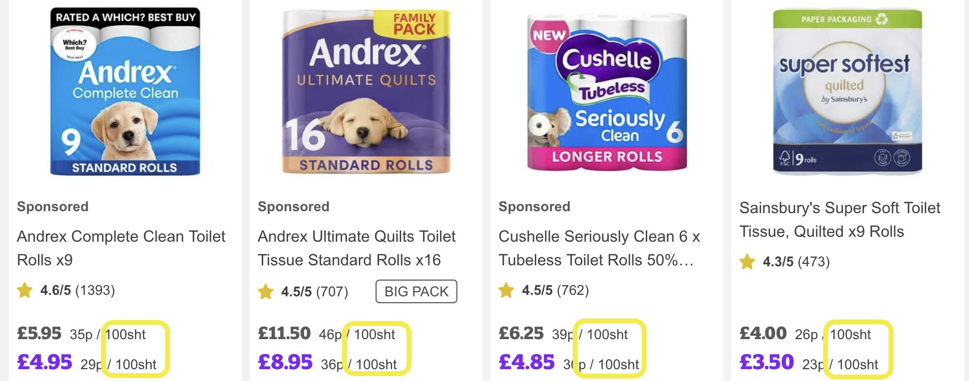 Full image of Online supermarket showing several brands of toilet paper with the price displayed alongside a breakdown showing the price (in pence) per hundred sheets (of toilet paper), but "sheet" is abbreviated to "sht" which looks like... a different word I associate with the product.