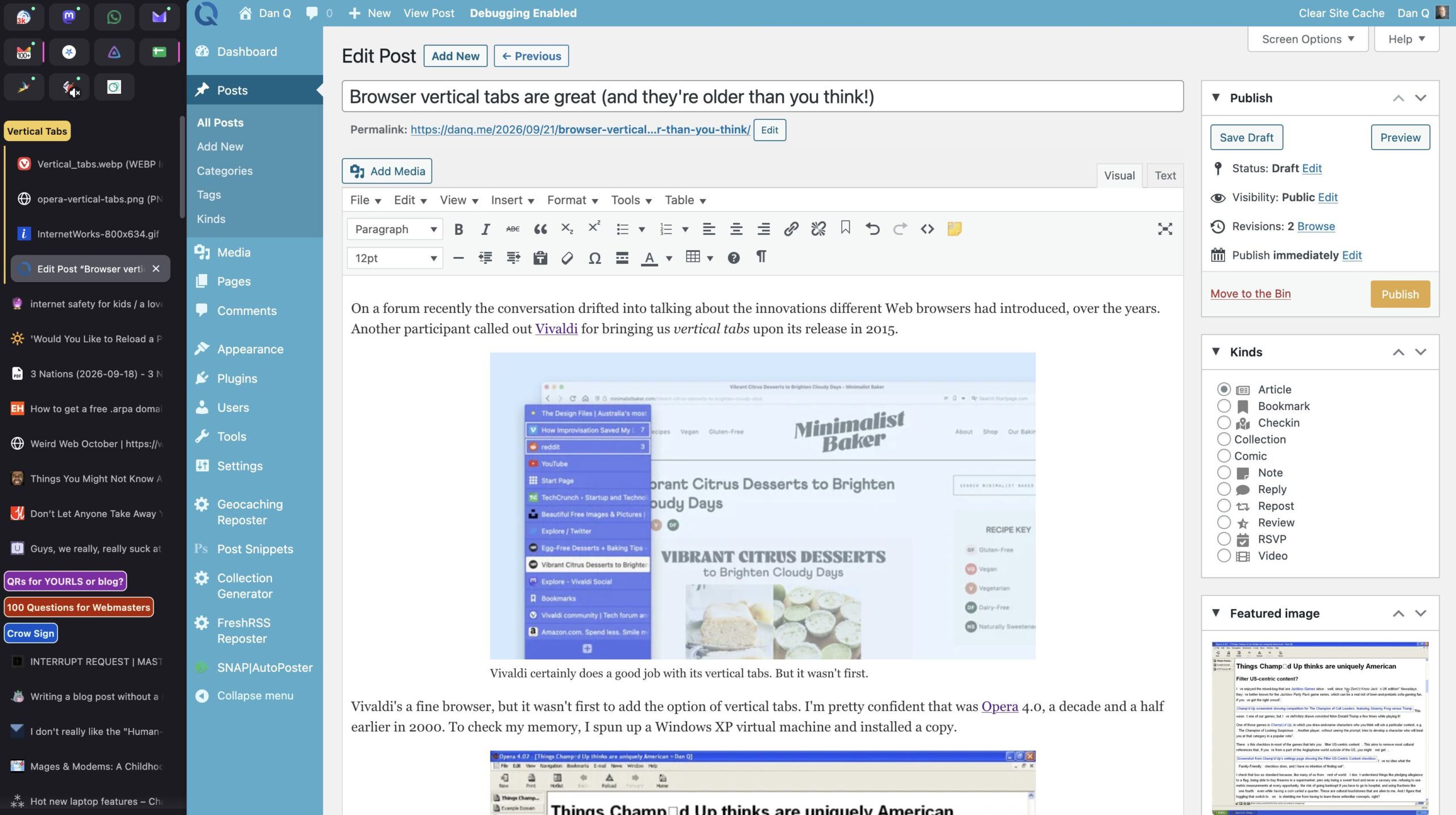 Full image of Screenshot of a ClassicPress interface, writing this blog post, with copious vertical tabs down the sidebar.