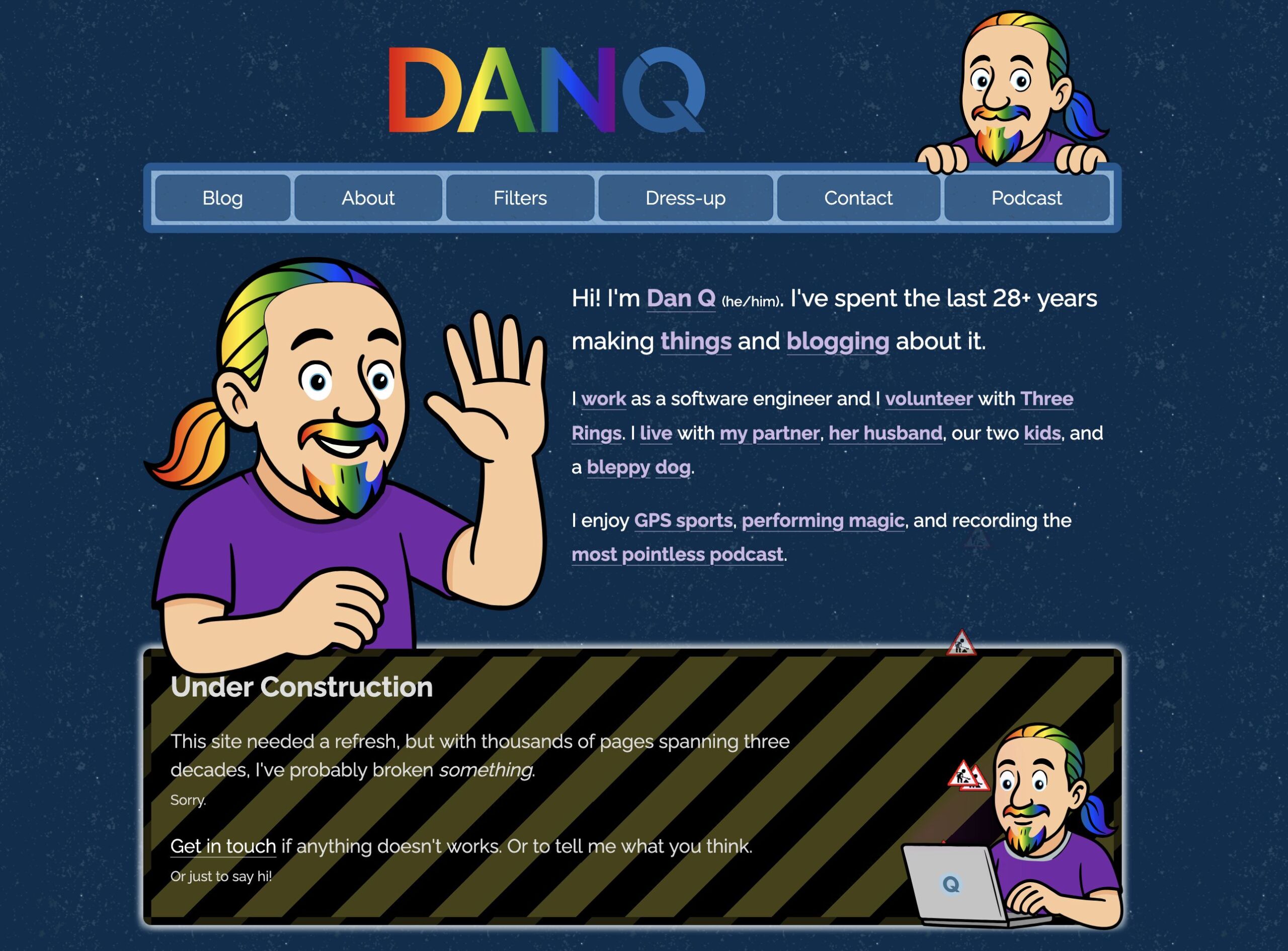 Full image of Screenshot of DanQ.me with comic avatars of Dan, pride colours, and a 'fun'-feeling theme (plus semi-retro 'under construction' banner!).