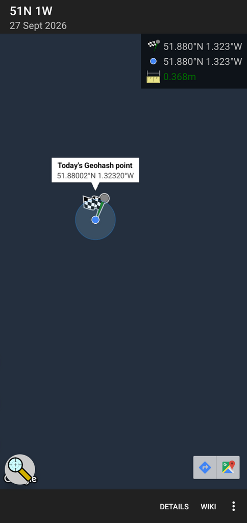 GeohashDroid screenshot showing the user 0.368m from a hashpoint.
