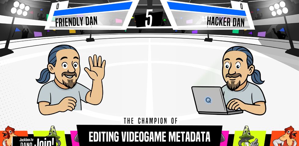 Edited Champ'd Up screenshot showing the battle for The Champion of Editing Videogame Metadata, pitting Friendly Dan against Hacker Dan.