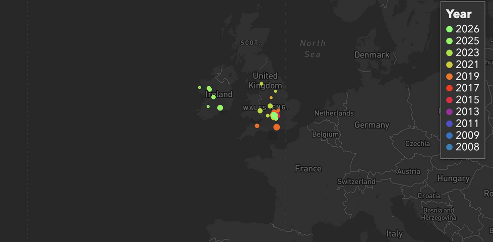 Heatmap showing spots across England and Ireland.
