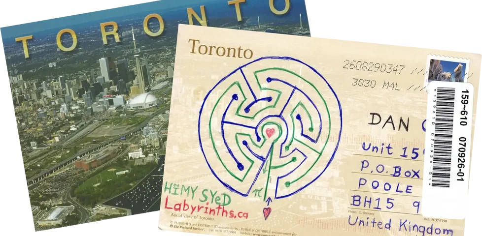 Composite photo showing front and rear of a postcard, showing an aerial photograph of Toronto on one side and a hand-drawn labyrinth on the other.