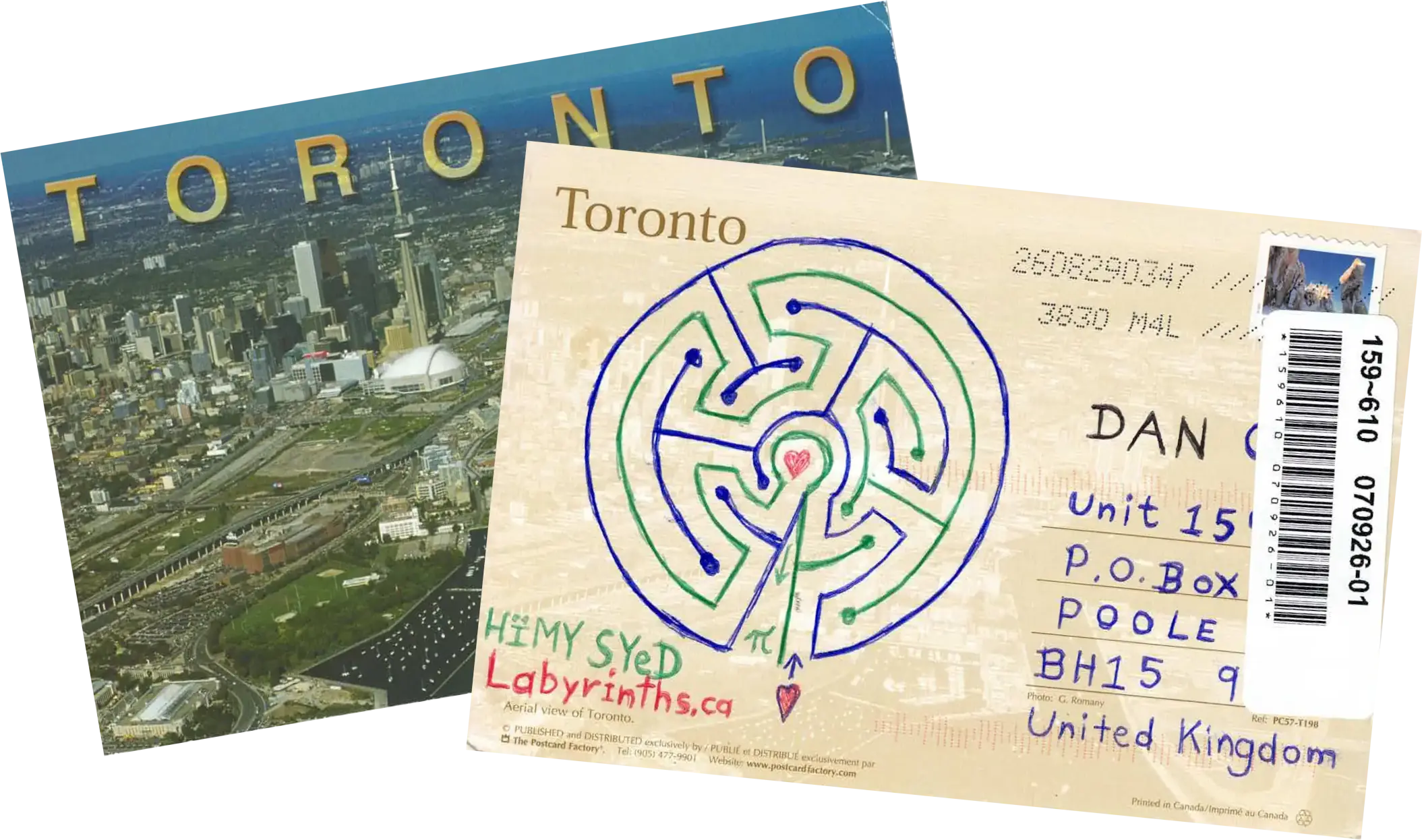 Full image of Composite photo showing front and rear of a postcard, showing an aerial photograph of Toronto on one side and a hand-drawn labyrinth on the other.