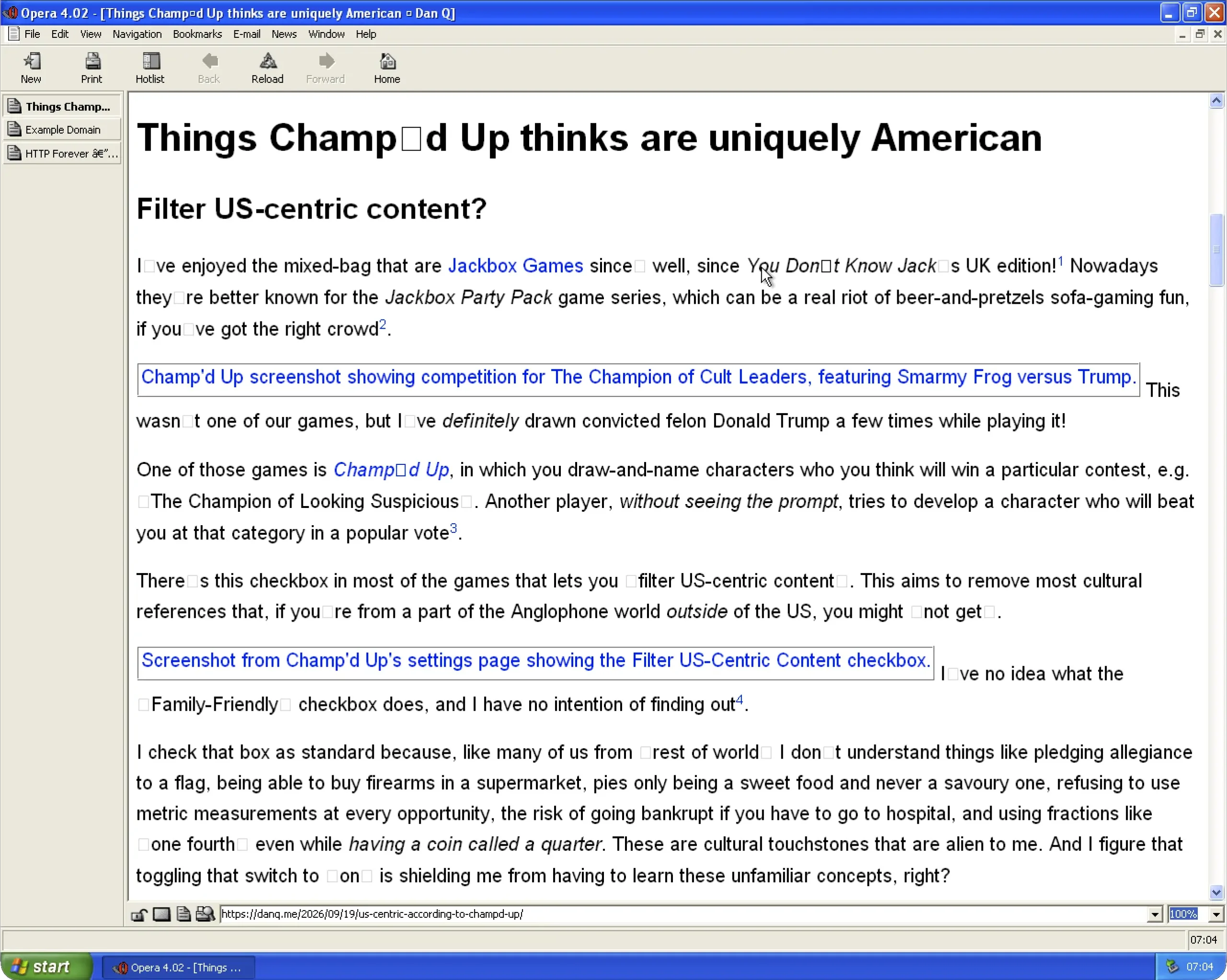 Full image of Screenshot showing Opera's vertical tabs, showing a semi-readable DanQ.me page.
