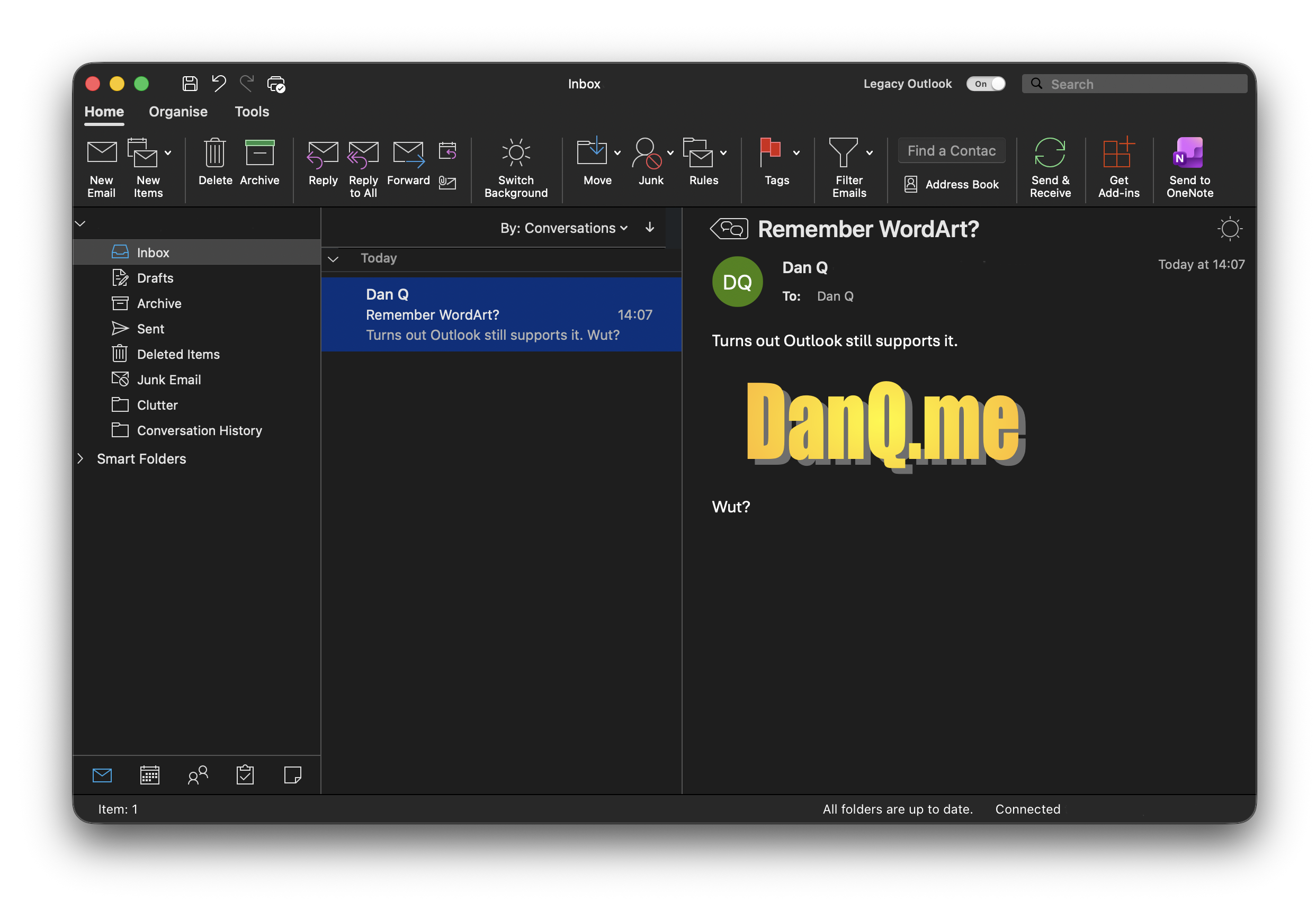 Full image of Screenshot of Outlook on MacOS showing WordArt of the words 'DanQ.me' in an email.