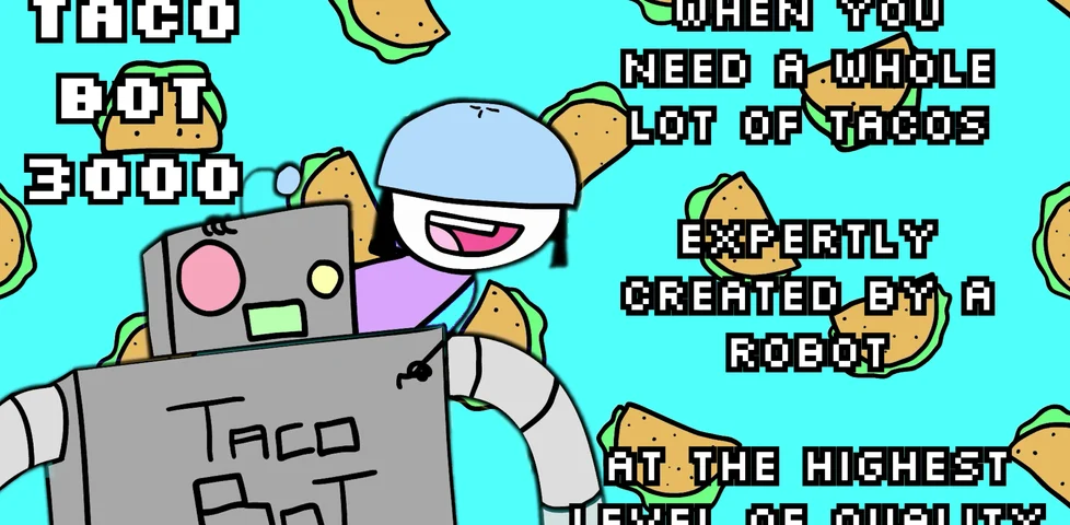 Adapted framegrab. Simplistic colourful art showing a person in an unfastened bike helmet hanging onto the shoulder of a robot and pointing at the words 'taco bot' on its chest, while tacos rain down behind. It's overlaid with the text 'Taco Bot 3000: when you need a whole lot of tacos expertly created by a robot at the highest level of quality'.