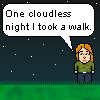 Pixel-art animation of Dan telling a long story at night.
