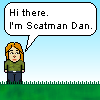 Pixel-art animation of Dan telling a long story during the day.