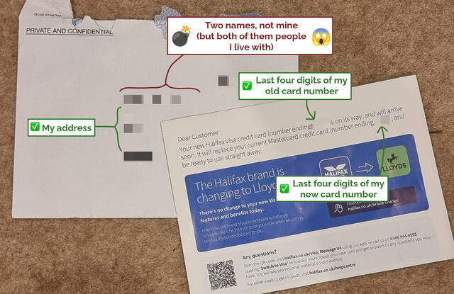 Annotated letter from Halifax addressed to people that are not-me, but showing details of my credit card.