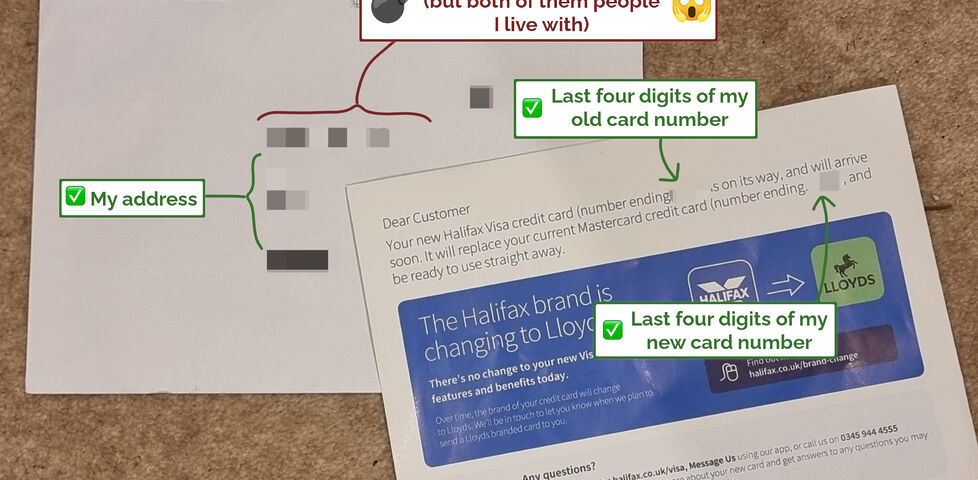 Annotated letter from Halifax addressed to people that are not-me, but showing details of my credit card.