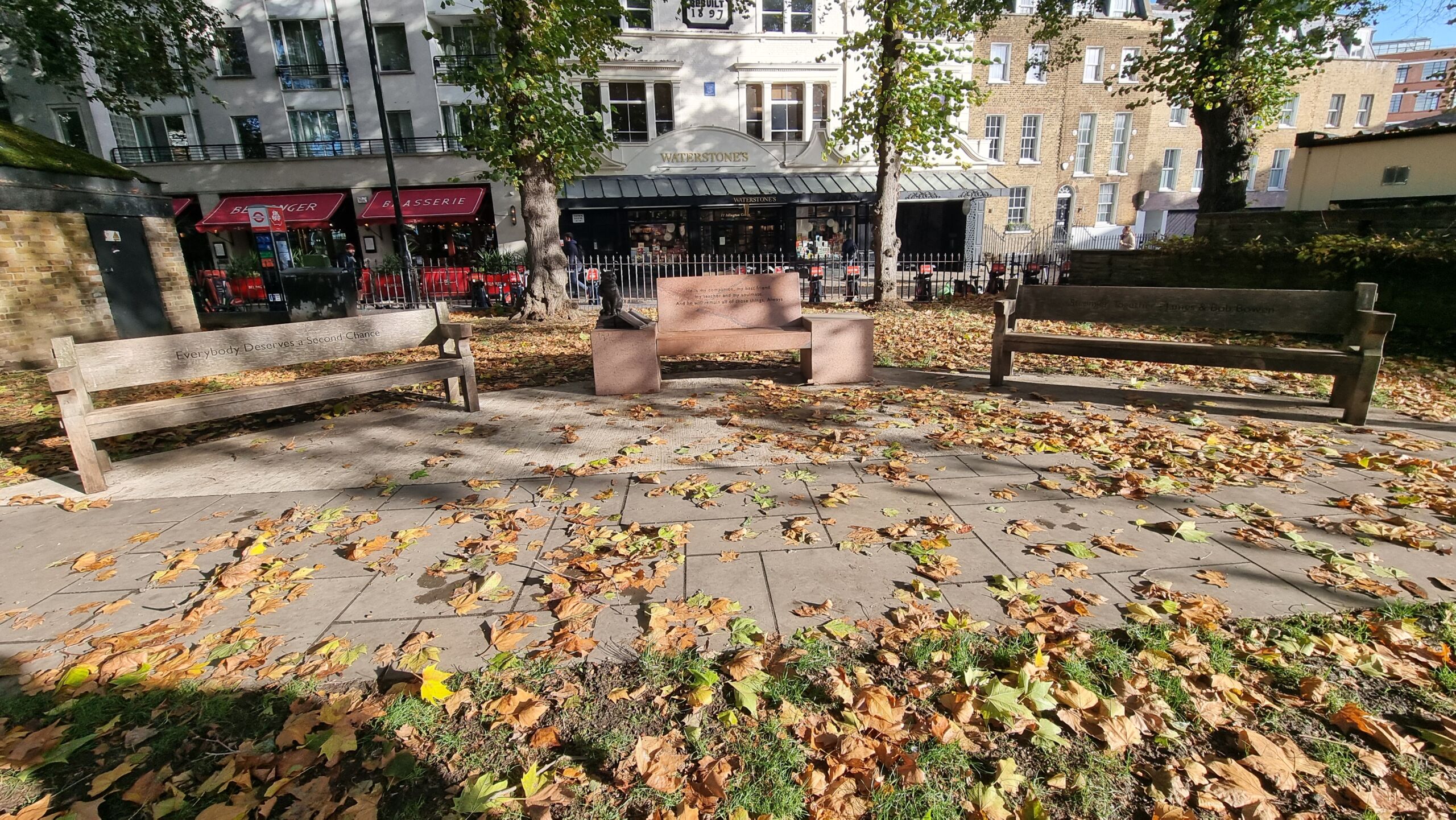 Full image of Three park benches with engravings and a sculpture of a cat sitting on a book.