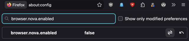Firefox's about:config showing the 'browser.nova.enabled' setting overridden to 'false'.