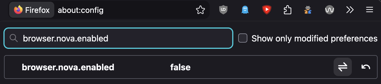 Full image of Firefox's about:config showing the 'browser.nova.enabled' setting overridden to 'false'.