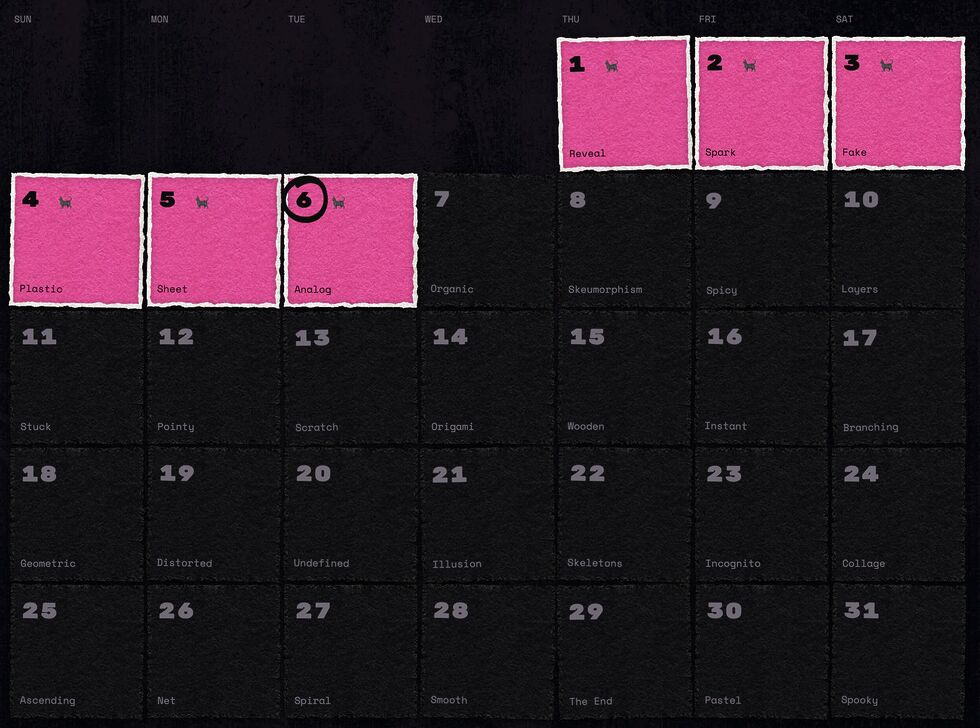 Calendar for October 2026 with Weird Web October themes on each day and a cat icon on every day so-far in the month.