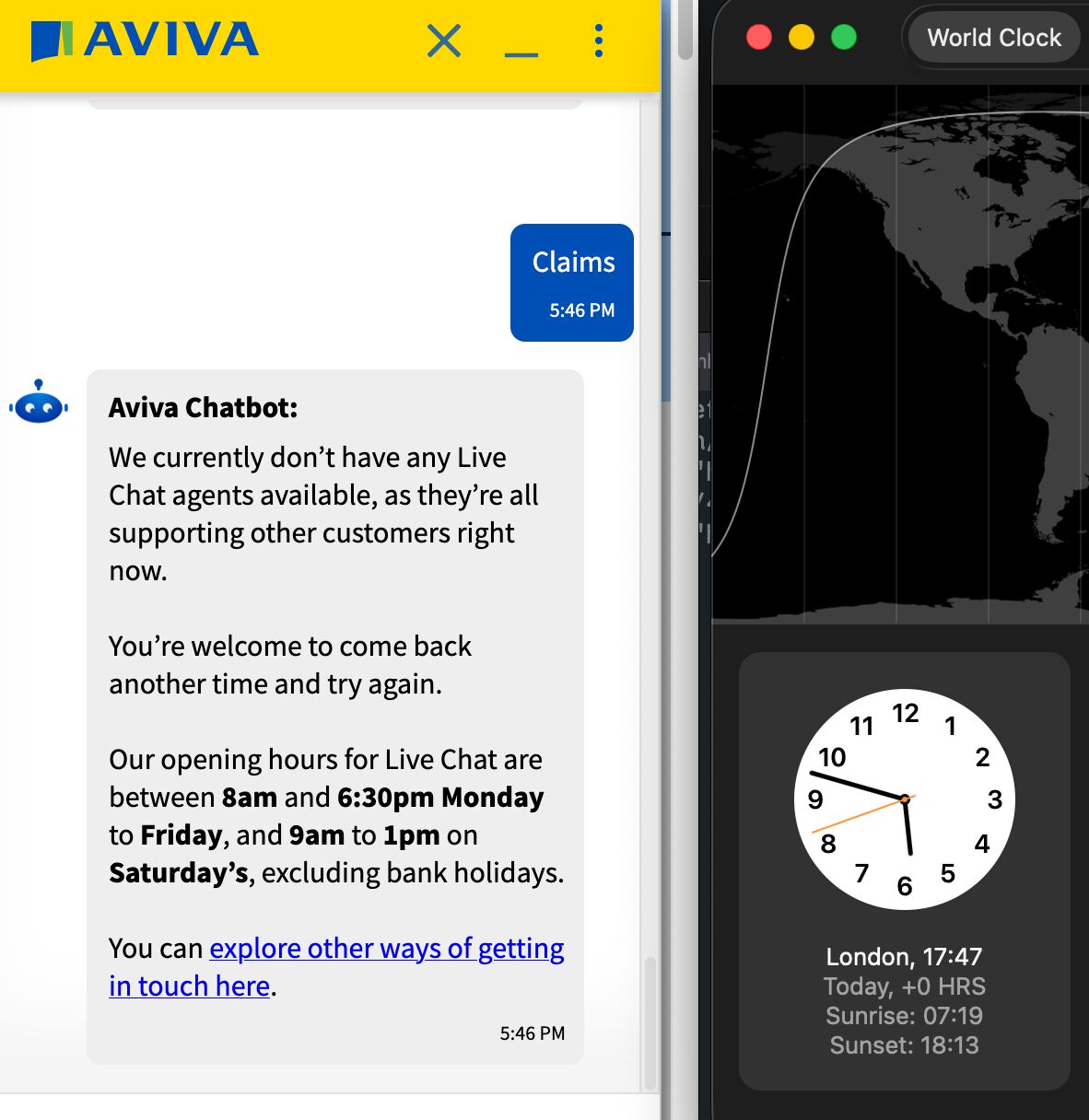 Full image of Live Chat gatekeeping chatbot saying that live chat is open until 6:30pm, which is in the future, but it's claiming that it's closed.