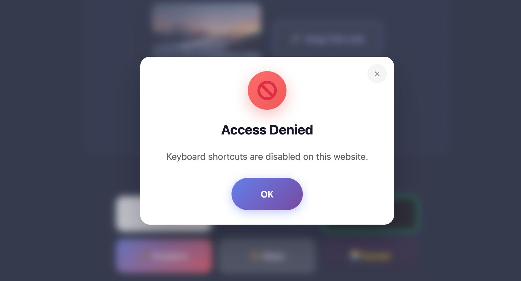Full image of Modal popover reading 'keyboard shortcuts are disabled on this website'.