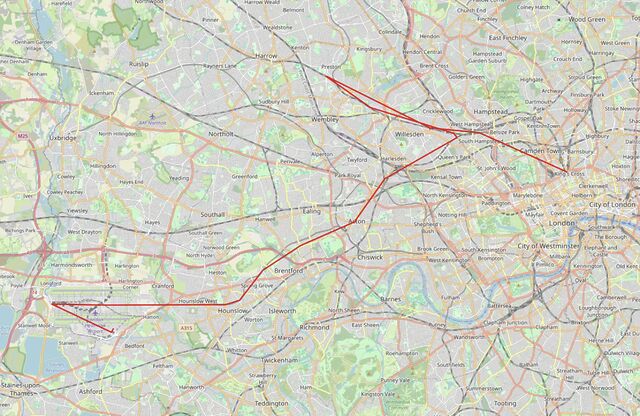 Map showing a journey from King's Cross to and around Heathrow airport, taking a circuitous route via Harrow.