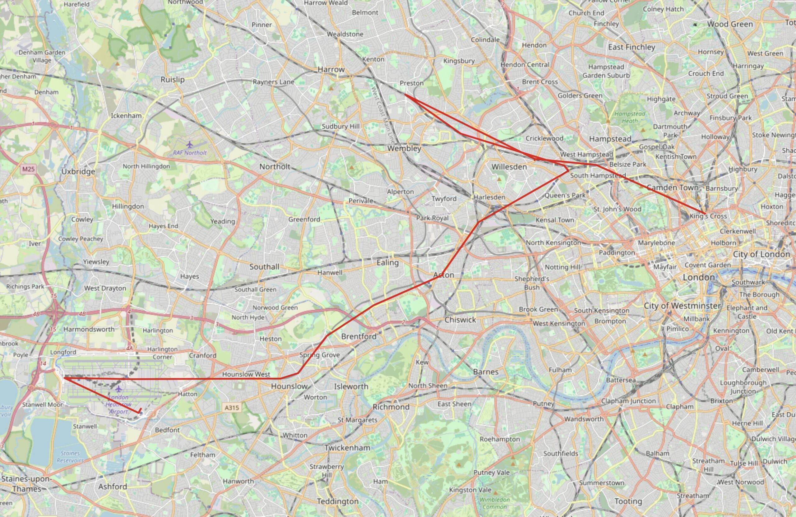 Full image of Map showing a journey from King's Cross to and around Heathrow airport, taking a circuitous route via Harrow.