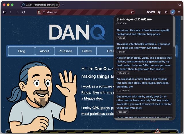 Firefox showing DanQ.me, with a pop-up browser plugin menu listing slashpages.