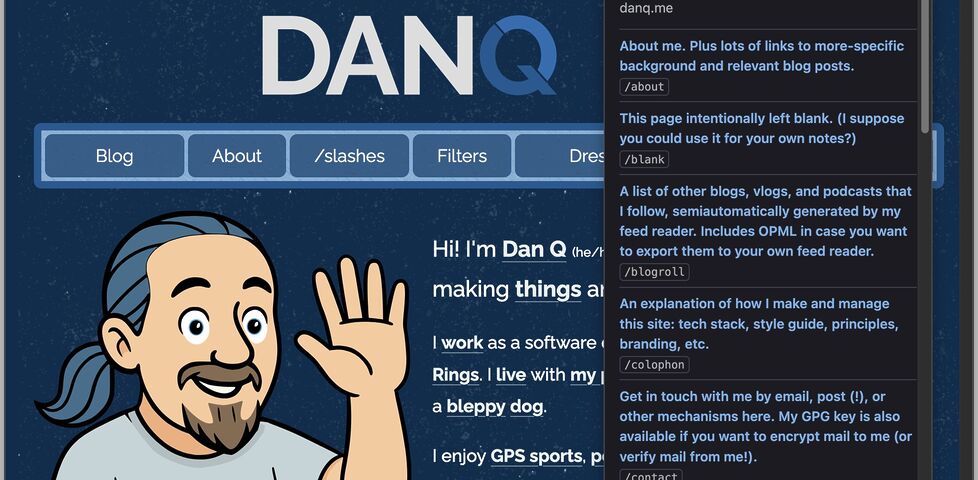 Firefox showing DanQ.me, with a pop-up browser plugin menu listing slashpages.