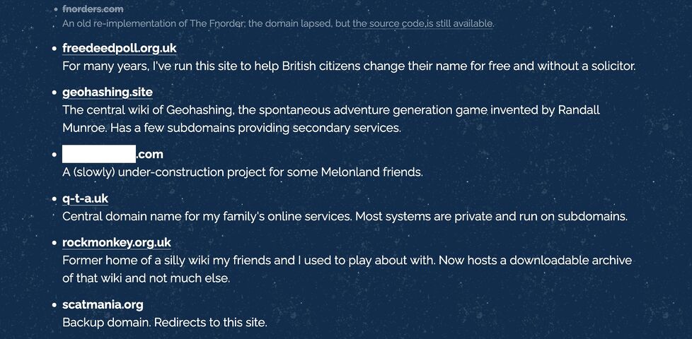 Web page showing a list of domain names.
