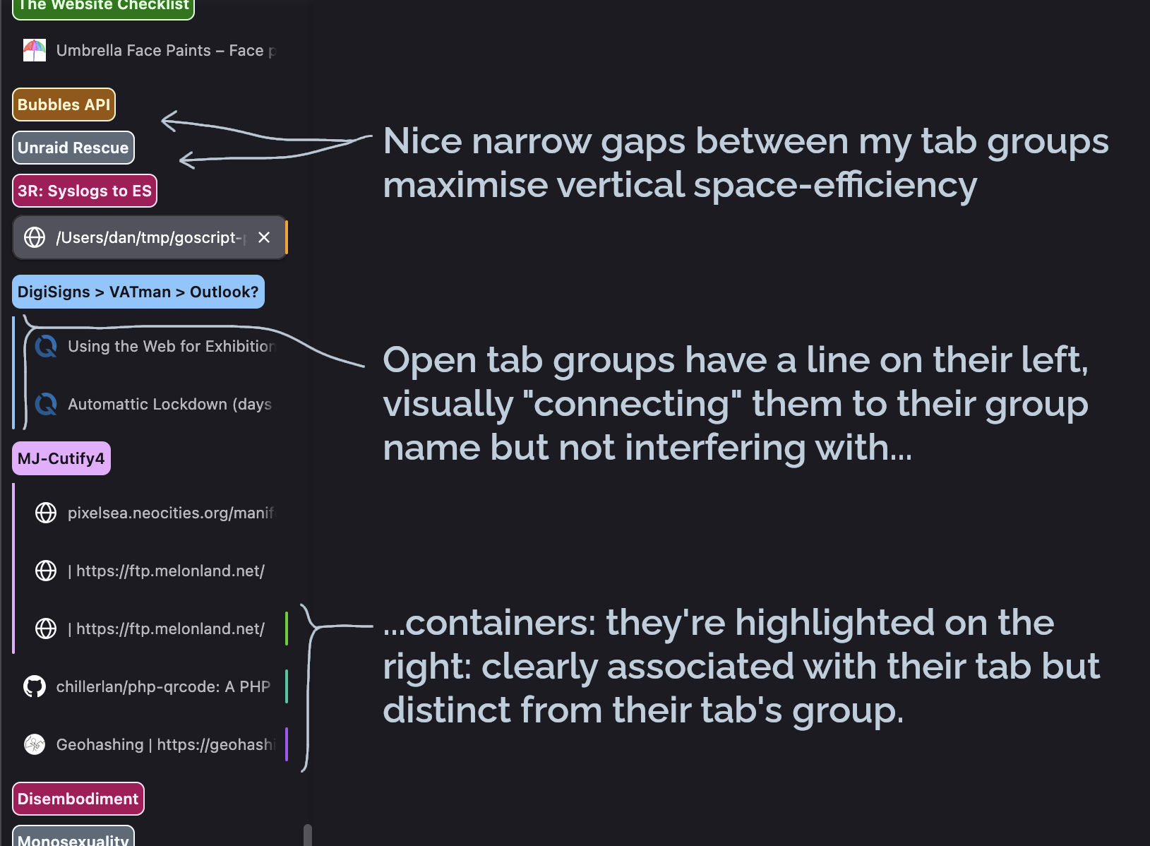 Full image of Firefox 156 tab groups and container tabs in vertical orientation.