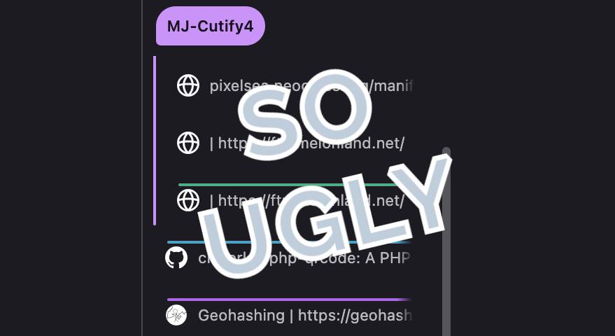 Close-up of Firefox 157's vertical tabs, with groups and containers, superimposed with the words "so ugly".