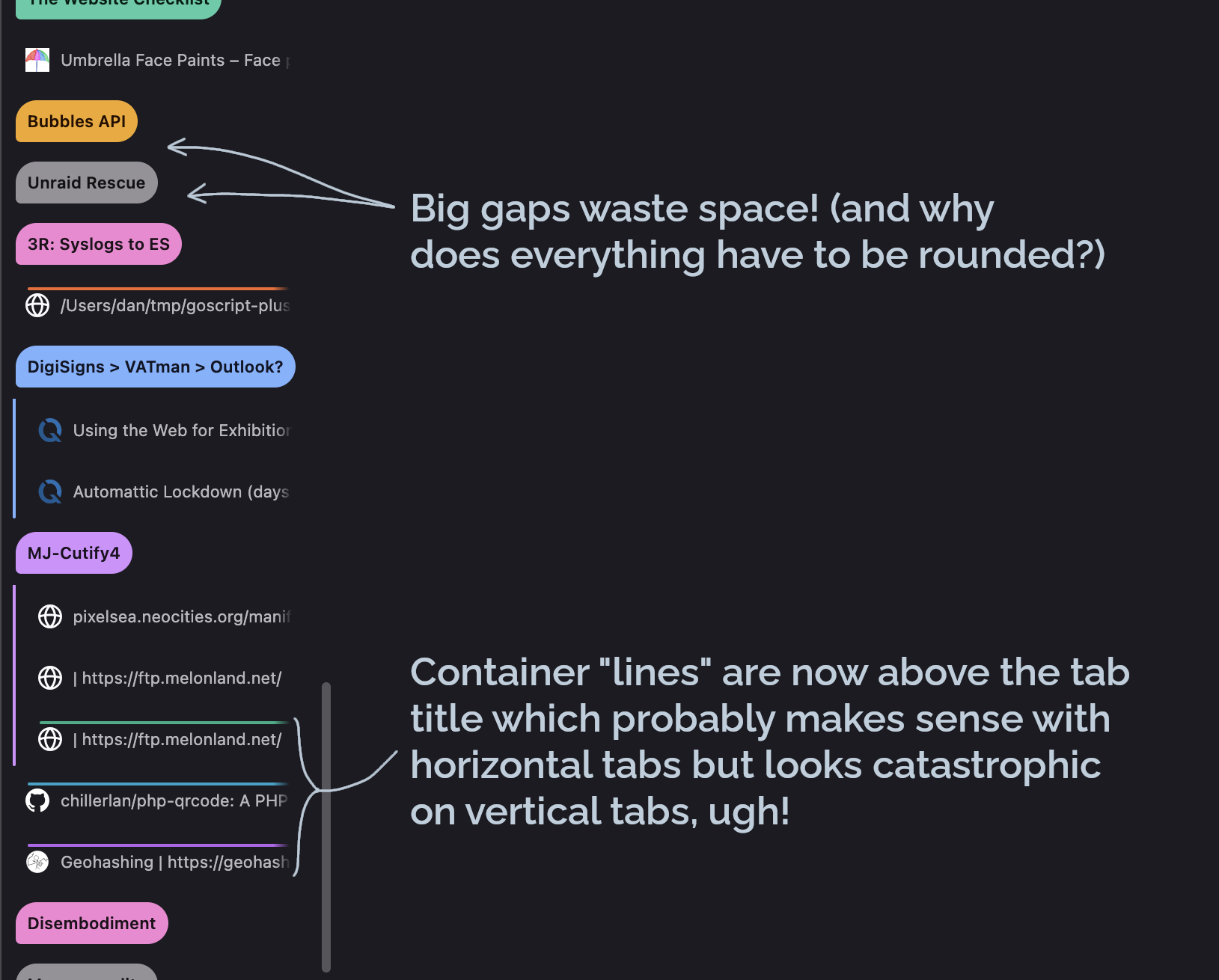 Full image of Firefox 157 tab groups and container tabs in vertical orientation.