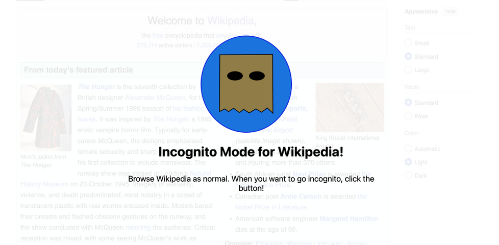 Incognito Mode for Wikipedia, featuring a paper bag with eye holes cut out as an icon.