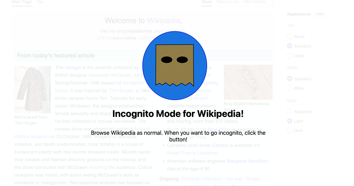 Incognito Mode for Wikipedia, featuring a paper bag with eye holes cut out as an icon.