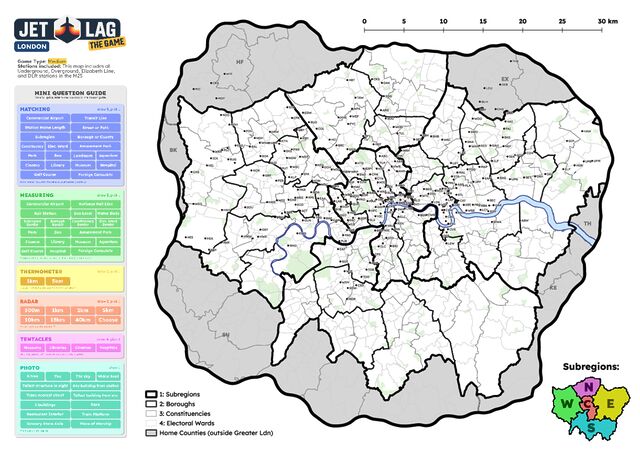 Map showing zone 1-9 transit stations within the M25, alongside a summary of Jet Lag seeker question categories.