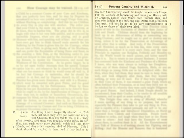 Scan of book pages with highlighted section reading "Children [who] treat very roughly young birds, butterlies, and other poor animals... with a seeming kind of pleasure... will by degrees harden their minds even towards men and... will not be apt to be very compassionate or benign to those of their own kind.