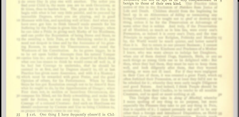 Scan of book pages with highlighted section reading "Children [who] treat very roughly young birds, butterlies, and other poor animals... with a seeming kind of pleasure... will by degrees harden their minds even towards men and... will not be apt to be very compassionate or benign to those of their own kind.