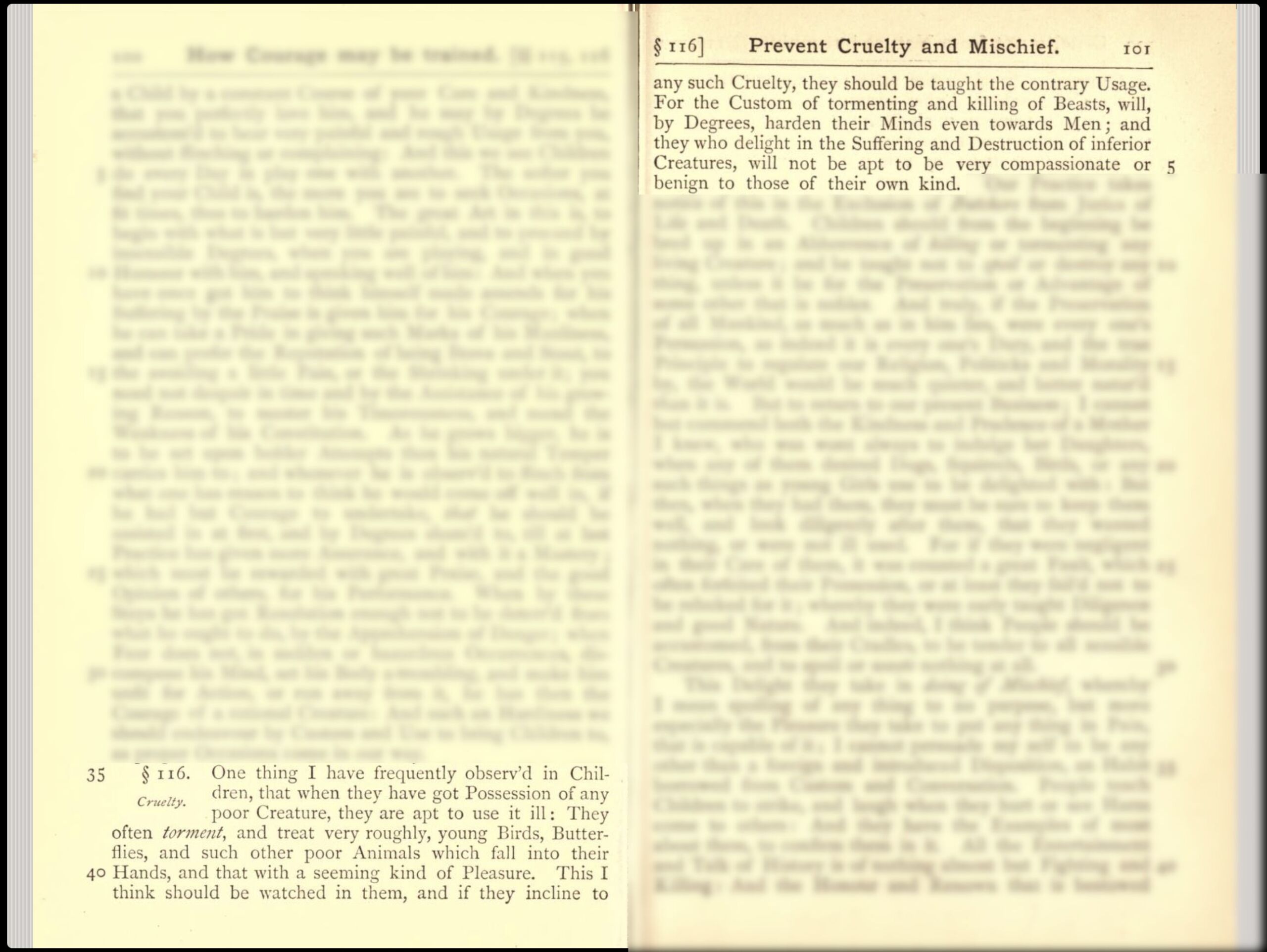 Full image of Scan of book pages with highlighted section reading "Children [who] treat very roughly young birds, butterlies, and other poor animals... with a seeming kind of pleasure... will by degrees harden their minds even towards men and... will not be apt to be very compassionate or benign to those of their own kind.