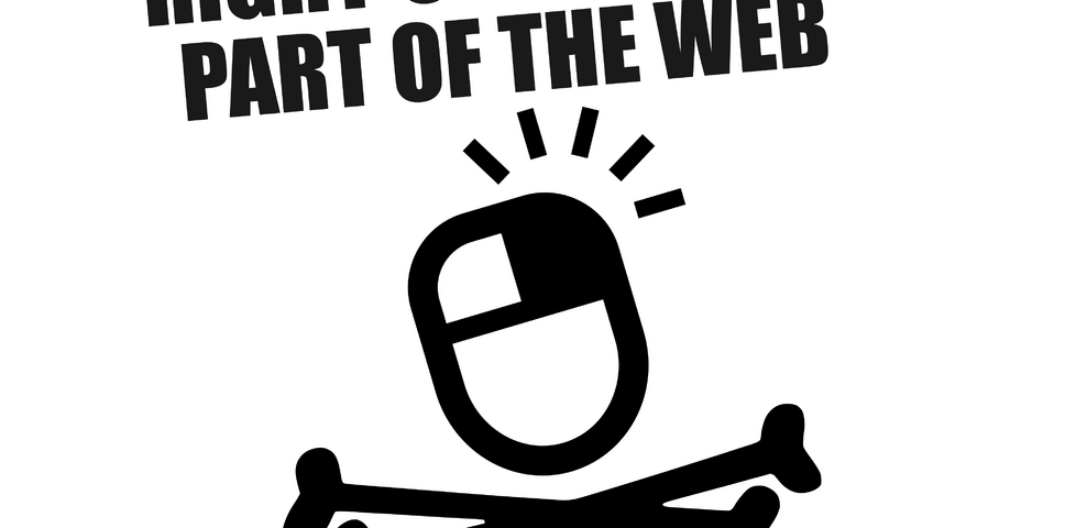 Parody of the 'home taping is killing music' posters, featuring a mouse whose right button is being clicked. It reads: right-clicking is part of the Web and it's great.