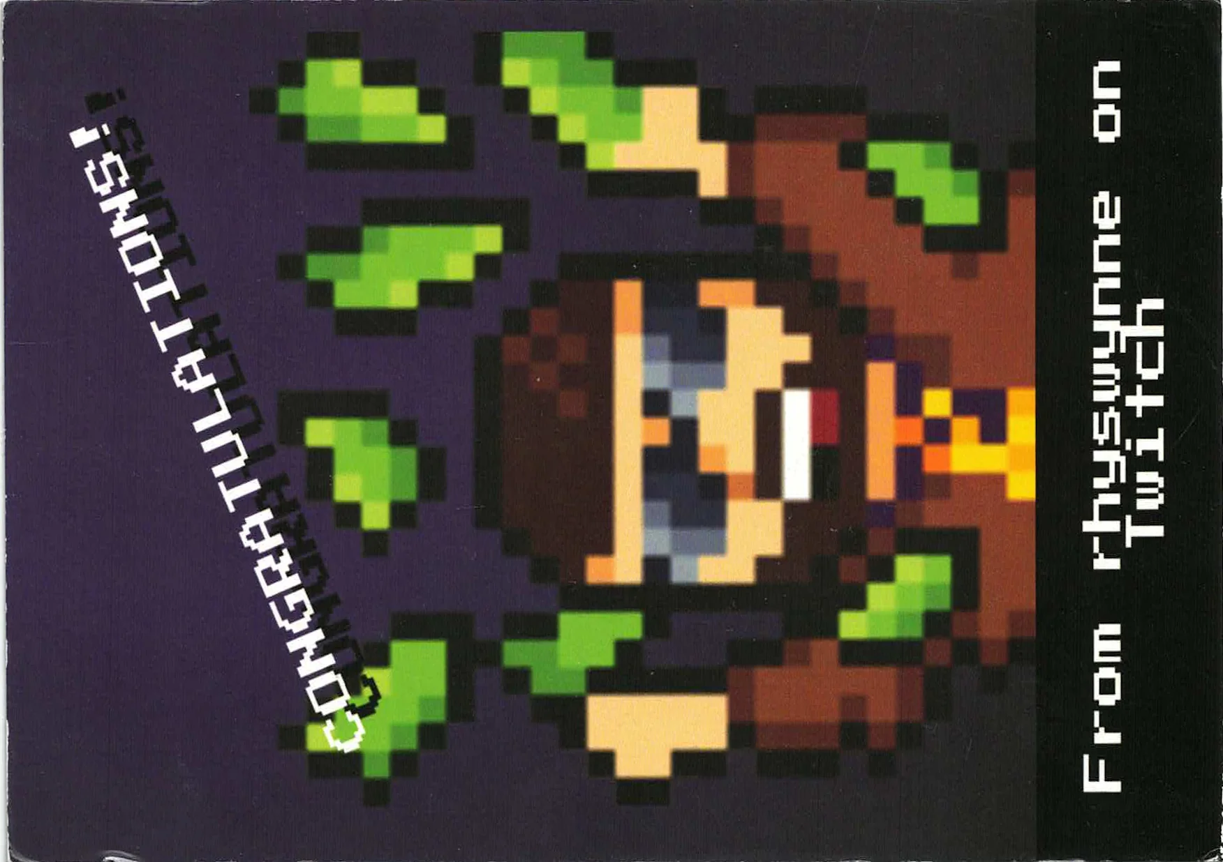 Pixel art of a man wearing sunglasses throwing green gems into the air, captioned 'CONGRATULATIONS! From rhyswynne on Twitch'.