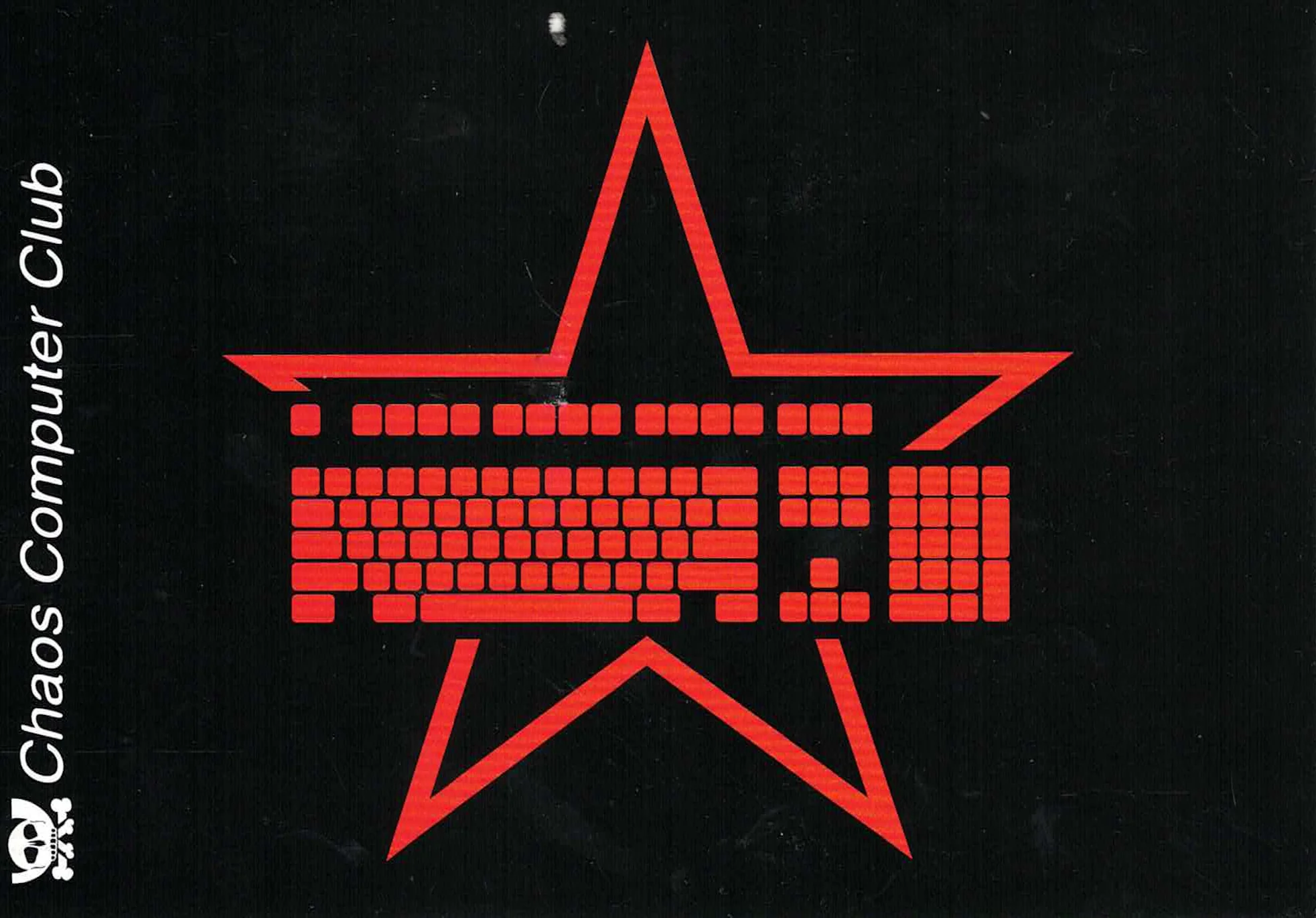 Red-on-black illustration of the shape of a computer keyboard, superimposed upon the outline of a star; alongside, white text reads 'Chaos Computer Club'.